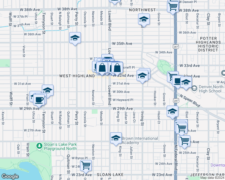 map of restaurants, bars, coffee shops, grocery stores, and more near 3010 Lowell Boulevard in Denver