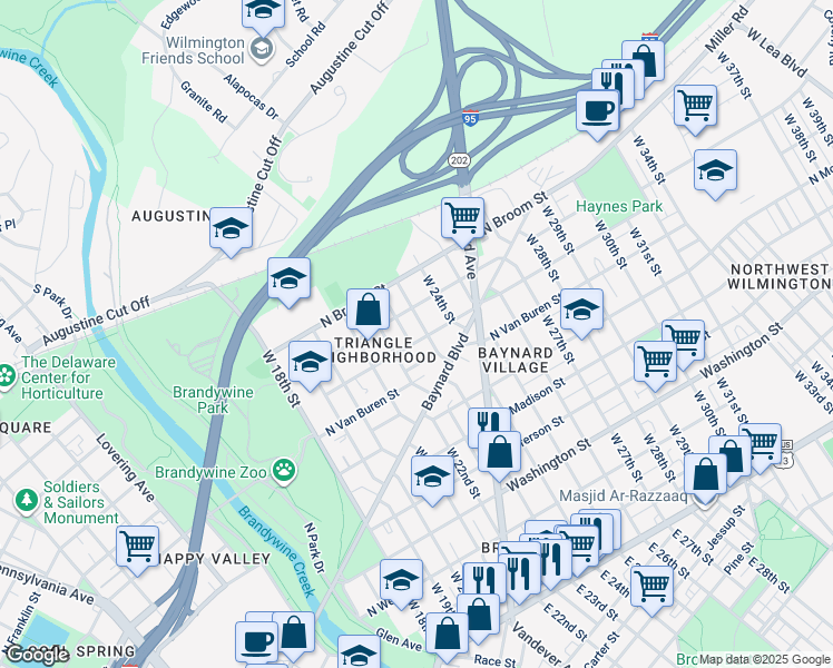 map of restaurants, bars, coffee shops, grocery stores, and more near 2213 North Harrison Street in Wilmington