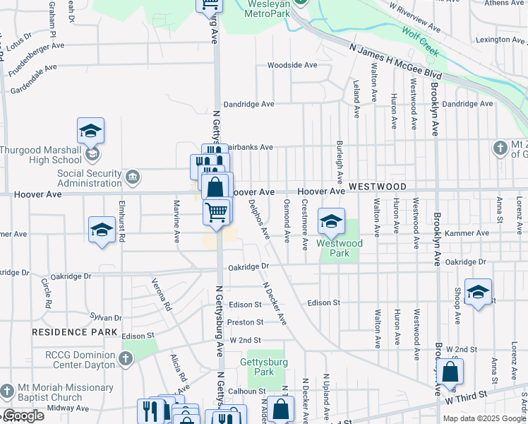 map of restaurants, bars, coffee shops, grocery stores, and more near 725 Clarkson Ave in Dayton