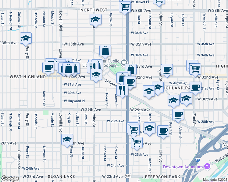 map of restaurants, bars, coffee shops, grocery stores, and more near 3015 Grove Street in Denver