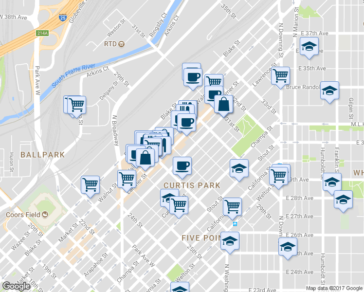 map of restaurants, bars, coffee shops, grocery stores, and more near 2828 Larimer Street in Denver