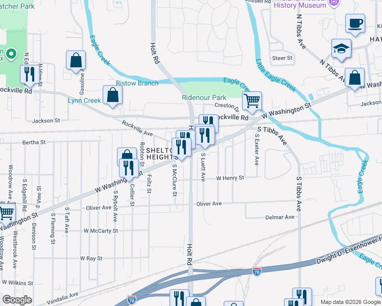 map of restaurants, bars, coffee shops, grocery stores, and more near W Washington St & S Holt Rd in Indianapolis