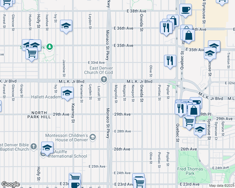 map of restaurants, bars, coffee shops, grocery stores, and more near 3014 Magnolia Street in Denver