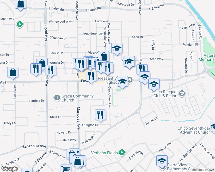 map of restaurants, bars, coffee shops, grocery stores, and more near 2427 Ceanothus Avenue in Chico