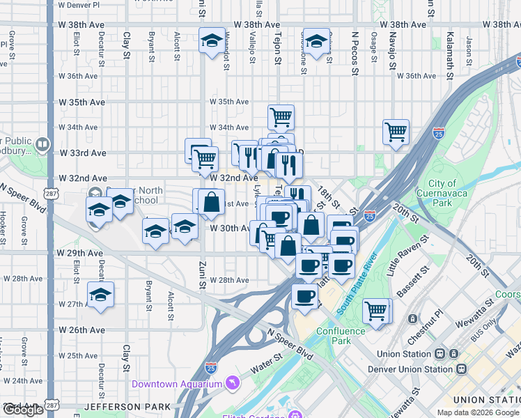 map of restaurants, bars, coffee shops, grocery stores, and more near 2102 West 31st Avenue in Denver