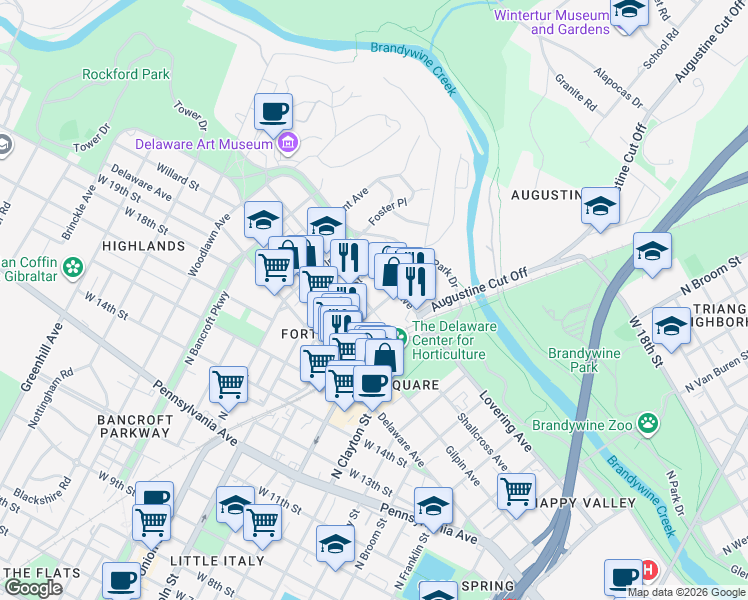 map of restaurants, bars, coffee shops, grocery stores, and more near 1903 North Scott Street in Wilmington