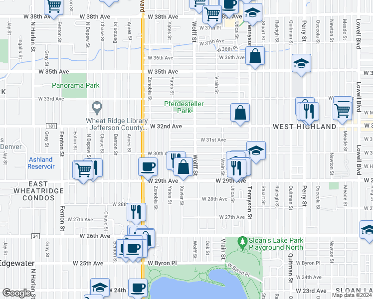 map of restaurants, bars, coffee shops, grocery stores, and more near 4825 West 30th Avenue in Denver