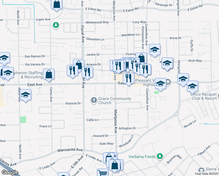 map of restaurants, bars, coffee shops, grocery stores, and more near 3 Harrier Lane in Chico