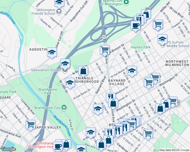 map of restaurants, bars, coffee shops, grocery stores, and more near 2213 North Harrison Street in Wilmington
