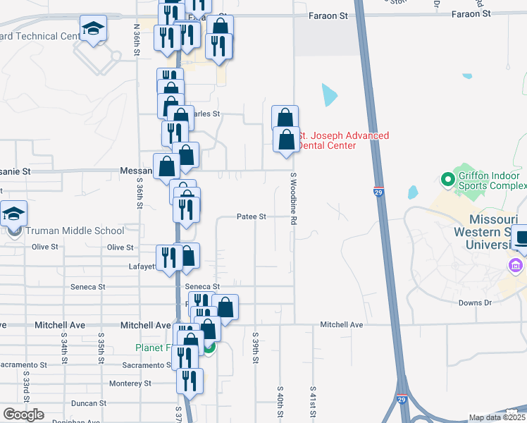 map of restaurants, bars, coffee shops, grocery stores, and more near 3905 Patee Street in Saint Joseph