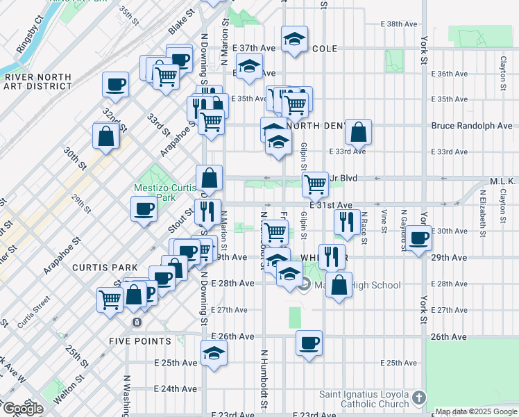 map of restaurants, bars, coffee shops, grocery stores, and more near 3053 Humboldt Street in Denver