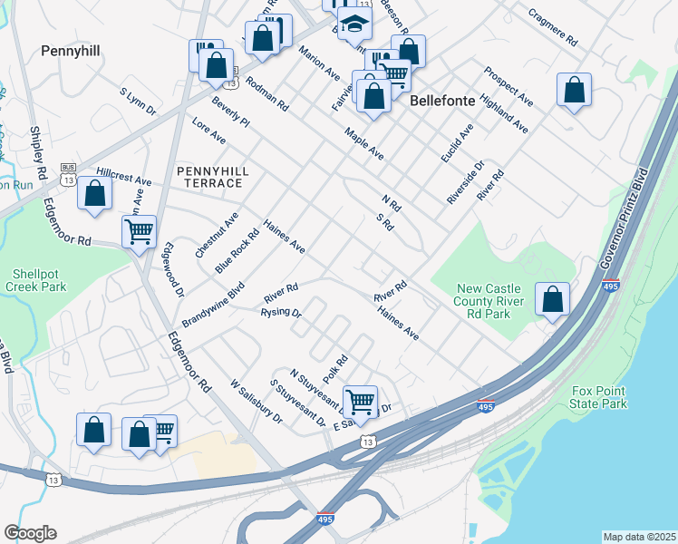 map of restaurants, bars, coffee shops, grocery stores, and more near 1105 Haines Avenue in Wilmington