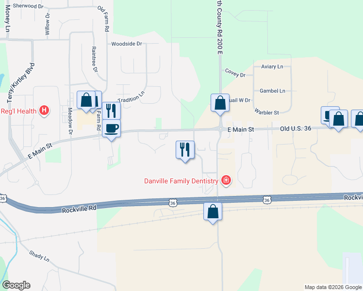 map of restaurants, bars, coffee shops, grocery stores, and more near 10 Ridge Avenue in Danville