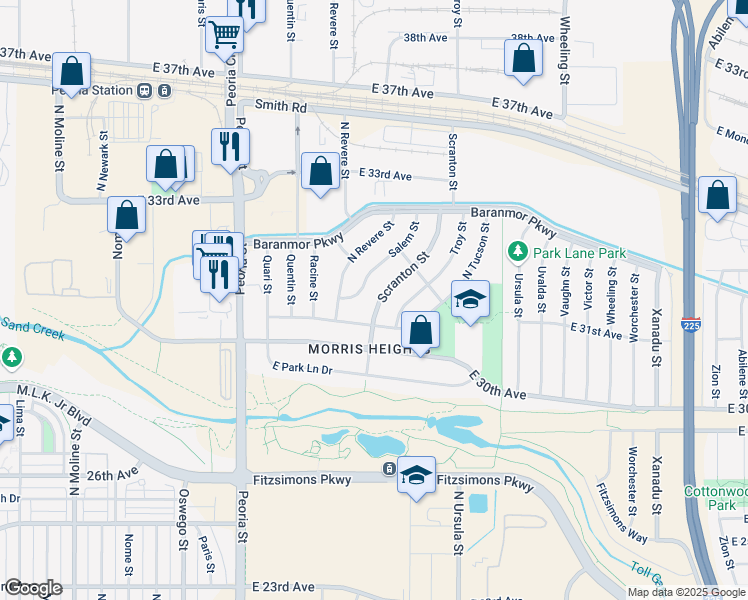 map of restaurants, bars, coffee shops, grocery stores, and more near 3125 Scranton Street in Aurora