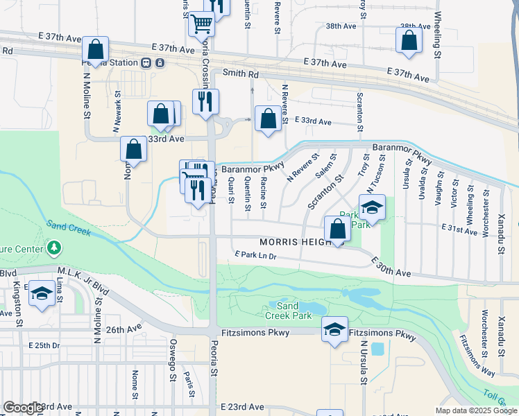 map of restaurants, bars, coffee shops, grocery stores, and more near 3117 Racine Street in Aurora
