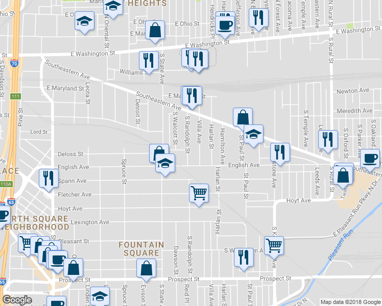 map of restaurants, bars, coffee shops, grocery stores, and more near 411 South Randolph Street in Indianapolis