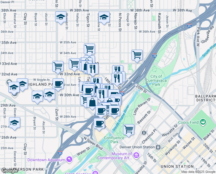 map of restaurants, bars, coffee shops, grocery stores, and more near 1717 Boulder Street in Denver
