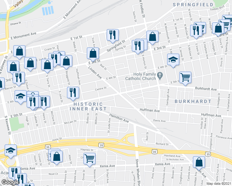 map of restaurants, bars, coffee shops, grocery stores, and more near 177 Linden Avenue in Dayton