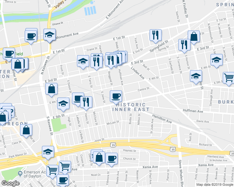 map of restaurants, bars, coffee shops, grocery stores, and more near 126 Ringgold Street in Dayton