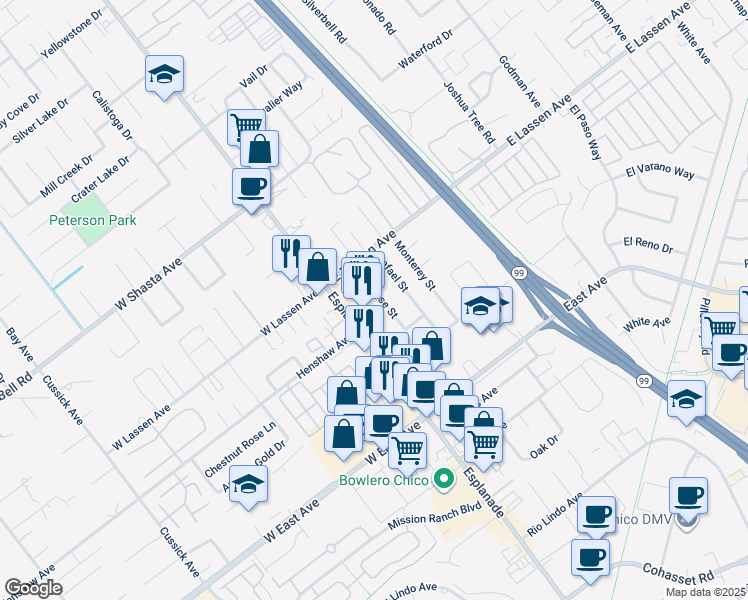map of restaurants, bars, coffee shops, grocery stores, and more near 2713 San Jose Street in Chico