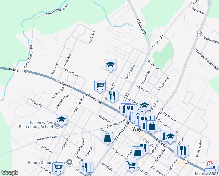 map of restaurants, bars, coffee shops, grocery stores, and more near 329 West North Street in Waynesboro