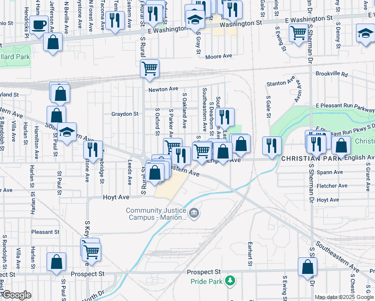 map of restaurants, bars, coffee shops, grocery stores, and more near 439 South Oakland Avenue in Indianapolis