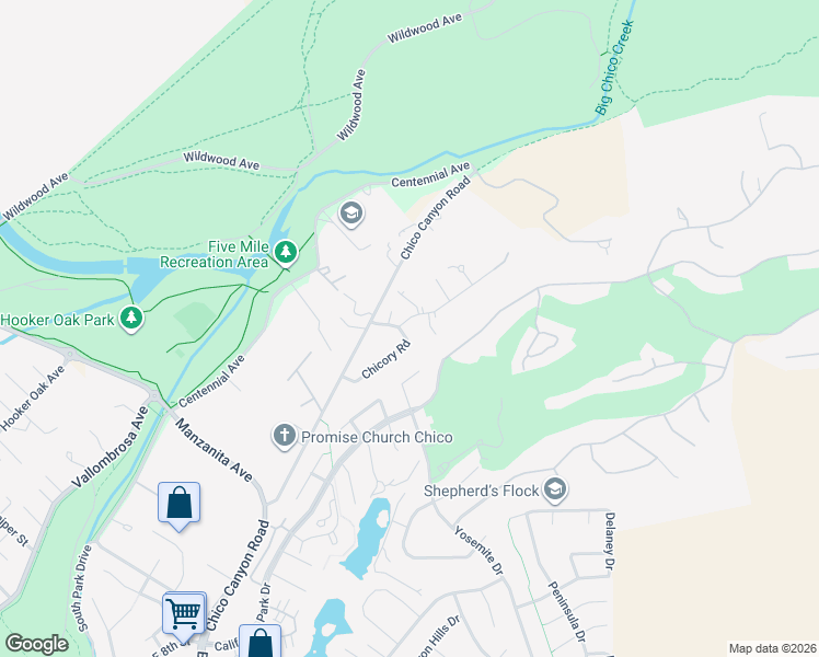 map of restaurants, bars, coffee shops, grocery stores, and more near 66 Chicory Road in Chico