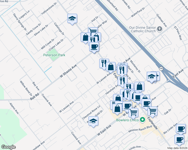 map of restaurants, bars, coffee shops, grocery stores, and more near 2840 Clark Way in Chico