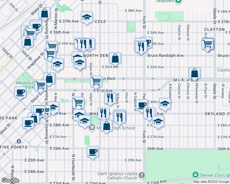 map of restaurants, bars, coffee shops, grocery stores, and more near 3055 Race Street in Denver