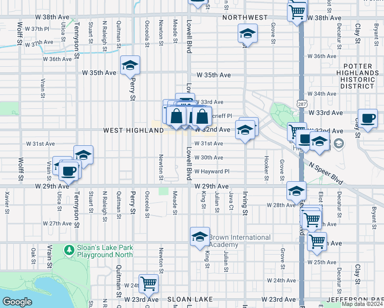 map of restaurants, bars, coffee shops, grocery stores, and more near 3010 Lowell Boulevard in Denver