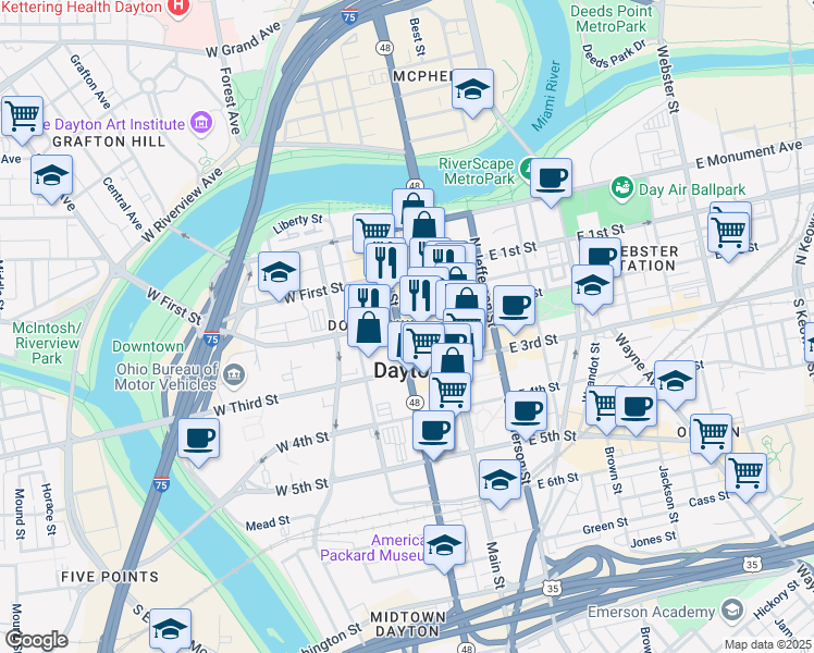 map of restaurants, bars, coffee shops, grocery stores, and more near 40 West 2nd Street in Dayton