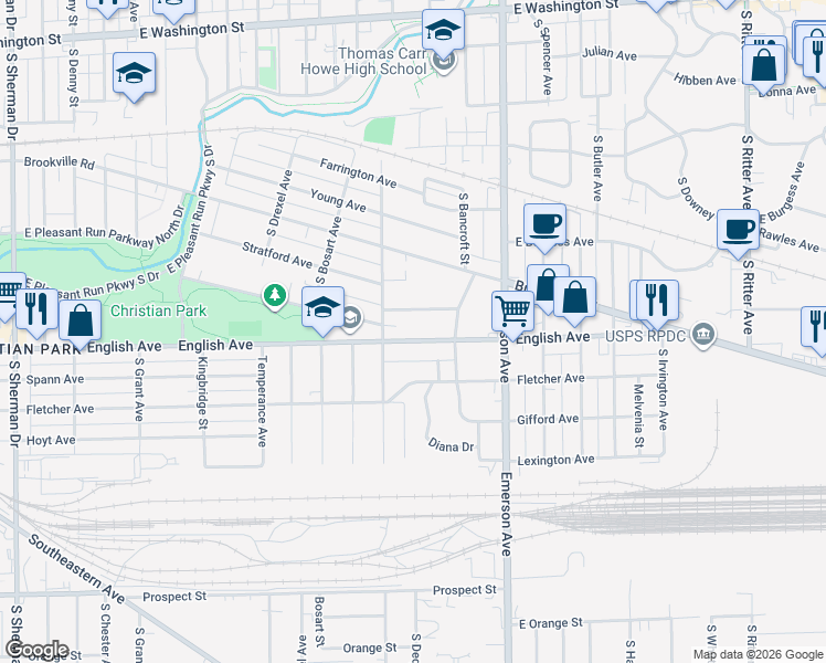 map of restaurants, bars, coffee shops, grocery stores, and more near 4830 English Avenue in Indianapolis