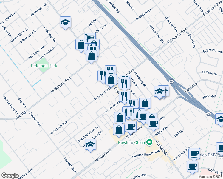 map of restaurants, bars, coffee shops, grocery stores, and more near 2795 Esplanade in Chico