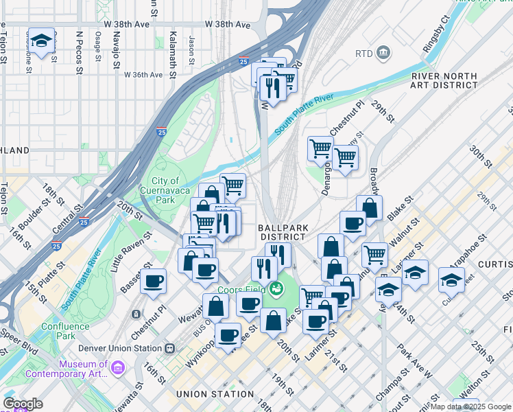map of restaurants, bars, coffee shops, grocery stores, and more near 3056 Fox Street in Denver