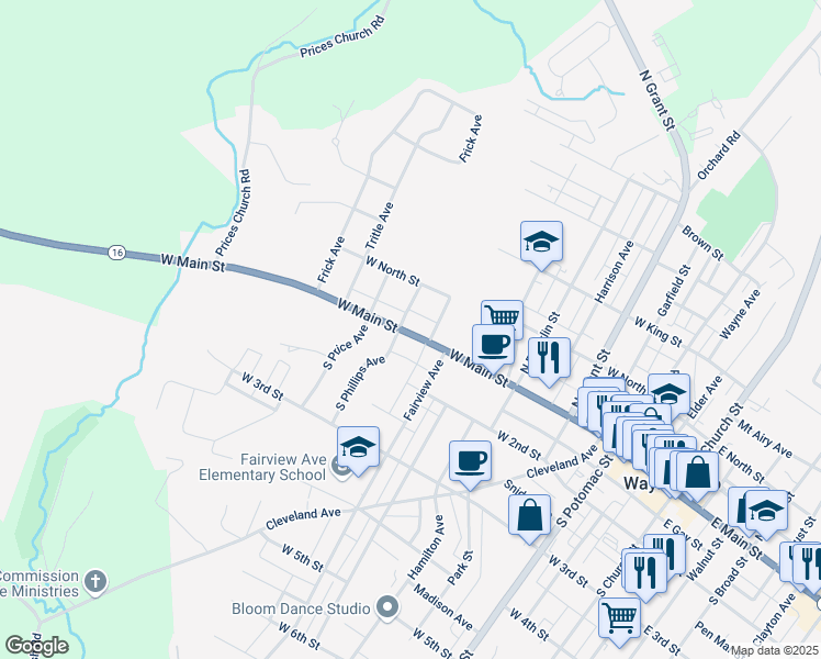 map of restaurants, bars, coffee shops, grocery stores, and more near 431 West Main Street in Waynesboro