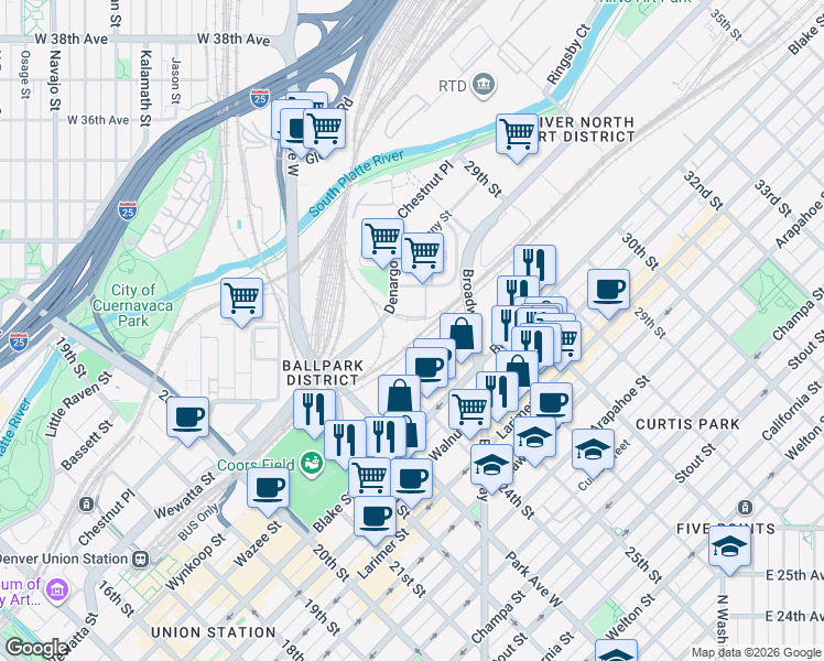 map of restaurants, bars, coffee shops, grocery stores, and more near 2430 Delgany Street in Denver