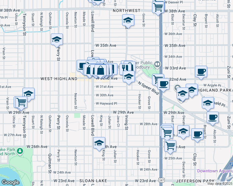 map of restaurants, bars, coffee shops, grocery stores, and more near 3365 West 30th Avenue in Denver