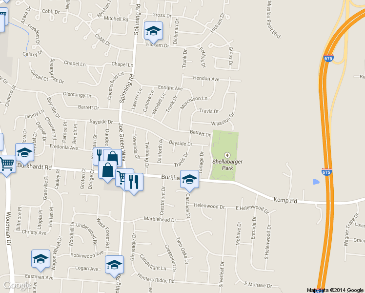 map of restaurants, bars, coffee shops, grocery stores, and more near 5748 Bayside Drive in Dayton