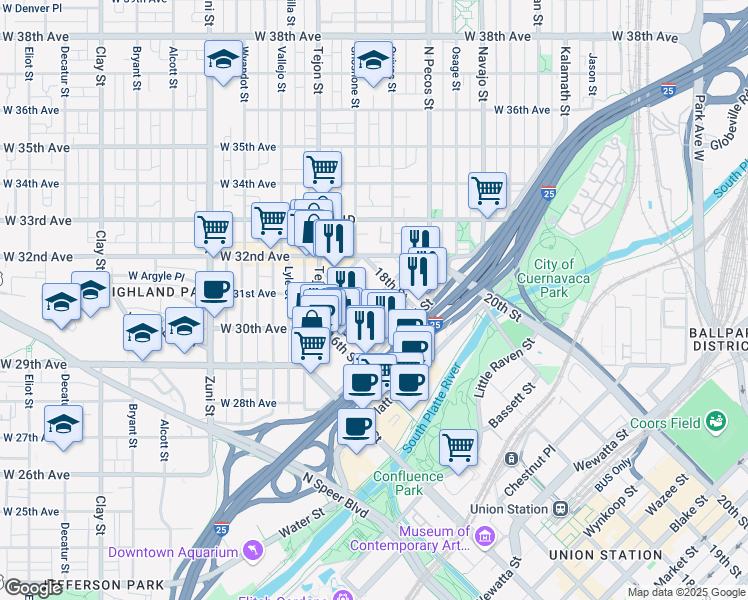 map of restaurants, bars, coffee shops, grocery stores, and more near 1729 Boulder Street in Denver
