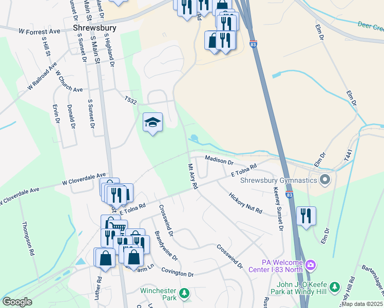 map of restaurants, bars, coffee shops, grocery stores, and more near 380 Madison Drive in Shrewsbury