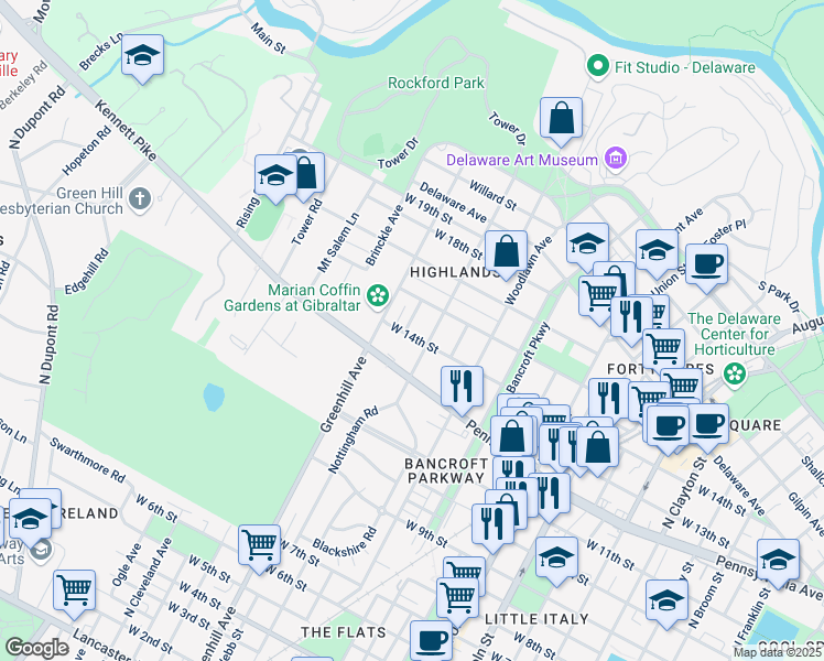 map of restaurants, bars, coffee shops, grocery stores, and more near 1400 Clinton Street in Wilmington