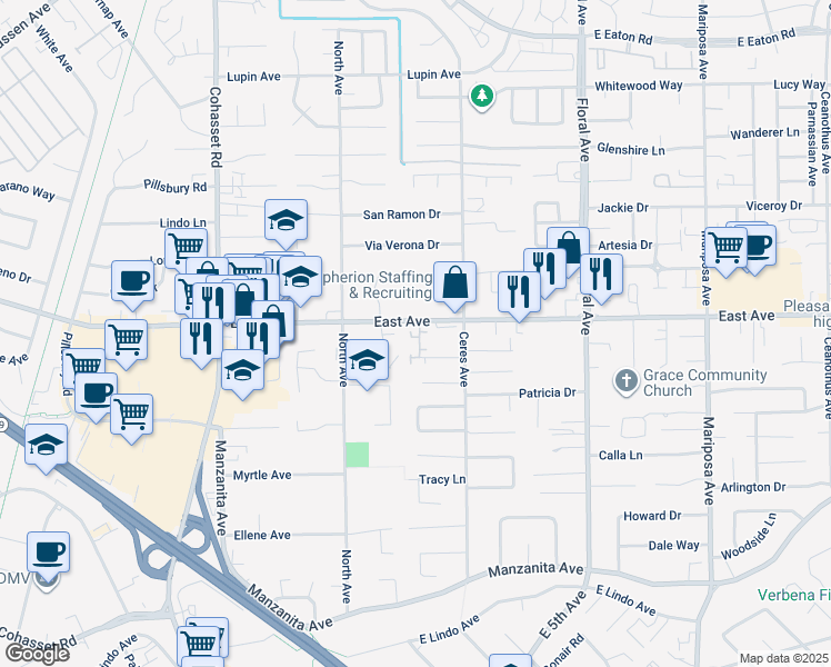 map of restaurants, bars, coffee shops, grocery stores, and more near 1 Bristol Court in Chico
