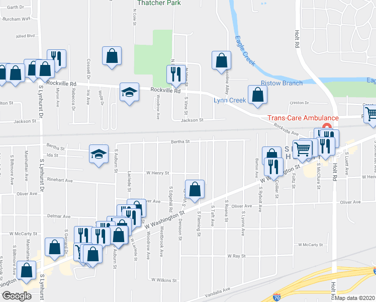 map of restaurants, bars, coffee shops, grocery stores, and more near 331 South Vine Street in Indianapolis