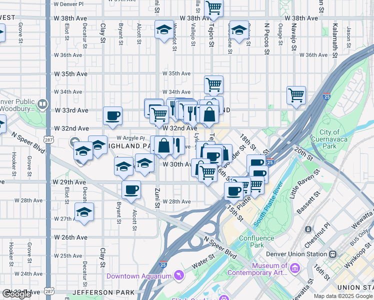 map of restaurants, bars, coffee shops, grocery stores, and more near 3055 Vallejo Street in Denver