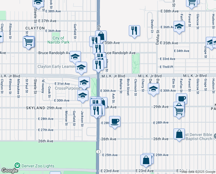 map of restaurants, bars, coffee shops, grocery stores, and more near 3009 Ash Street in Denver