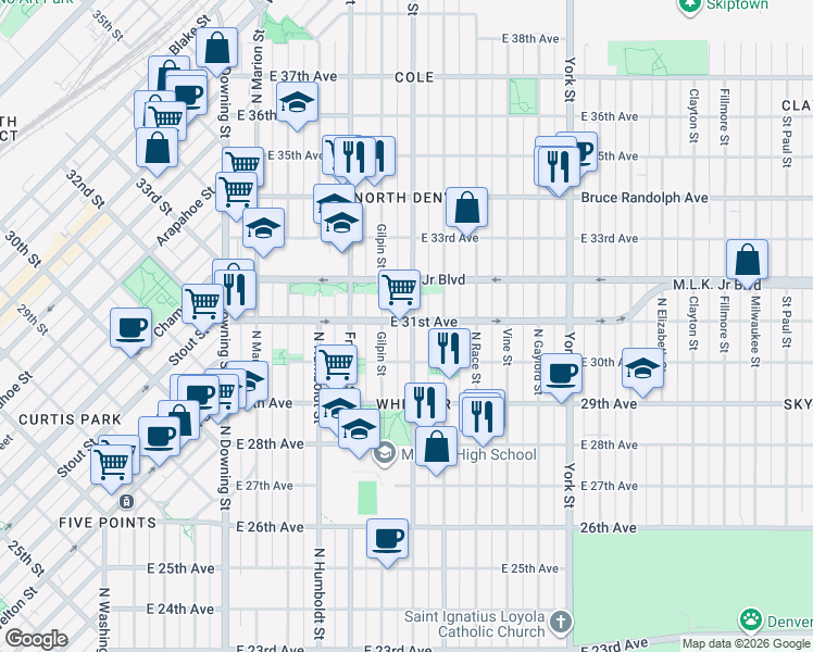 map of restaurants, bars, coffee shops, grocery stores, and more near 1810 East 31st Avenue in Denver