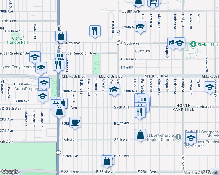 map of restaurants, bars, coffee shops, grocery stores, and more near 3010 Dexter Street in Denver