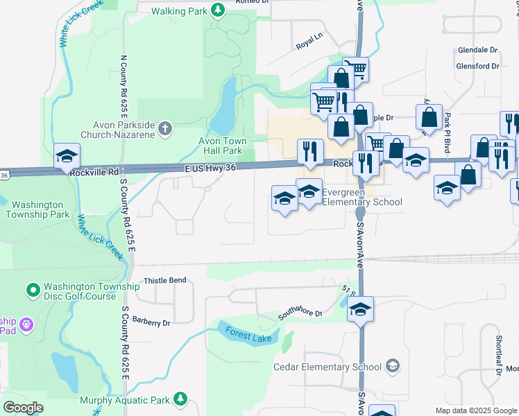 map of restaurants, bars, coffee shops, grocery stores, and more near 61 Queensway Drive in Avon