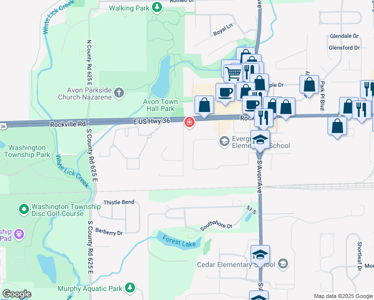 map of restaurants, bars, coffee shops, grocery stores, and more near 61 Queensway Drive in Avon