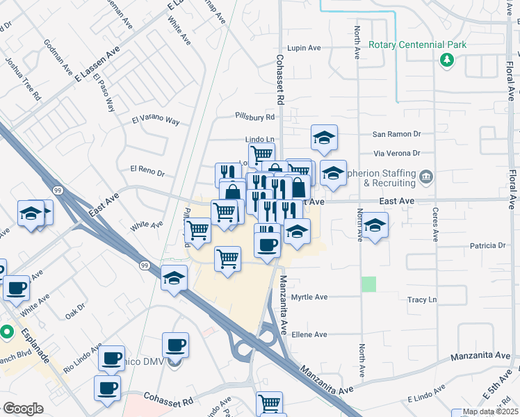 map of restaurants, bars, coffee shops, grocery stores, and more near 851 East Avenue in Chico